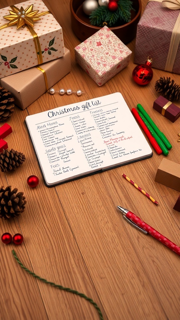 Christmas Gift List Organizer A neatly arranged Christmas gift list with colorful pens and festive decorations on a wooden table.